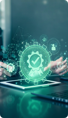 Gear icon with a checkmark on a tablet